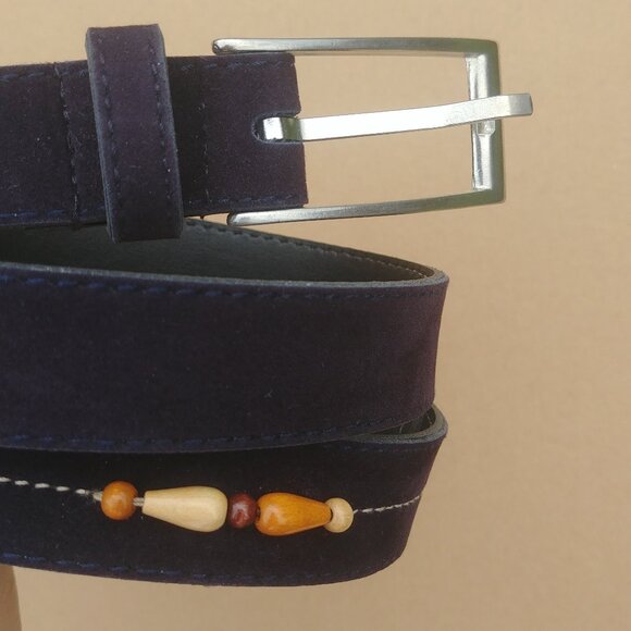 Accessories - Dark navy blue suede feel belt with wooden bead detail rectangular buckl…